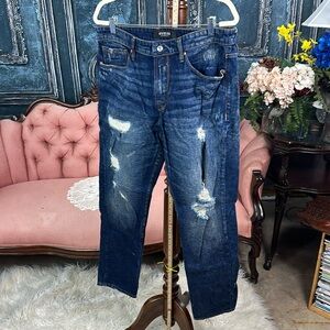 36x30 slim tapered men’s jeans dark and distressed Guess